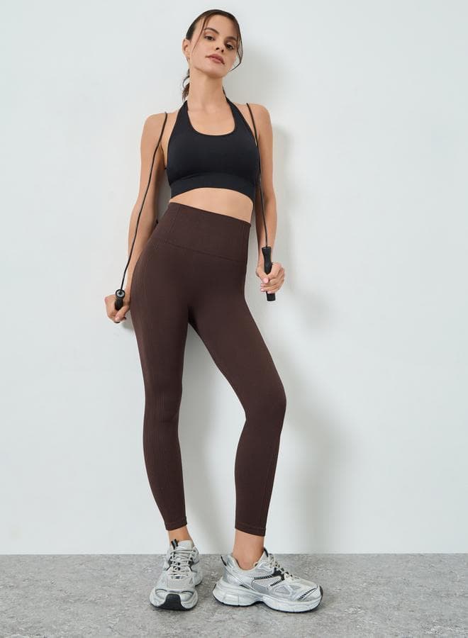 Brown Textured Rib Detail Broad Waistband Leggings