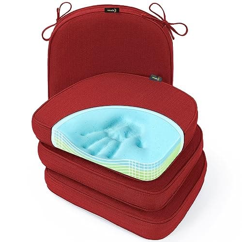 SUNROX Gel Memory Foam Chair Cushions, FadeShield Water-, Stain-Resistant Durable Reversible Seat Cushion Pads with Ties for Indoor/Outdoor Kitchen Dining Office 17"x16" Set of 4, Burgundy