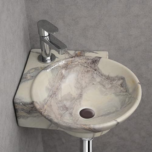 REMANENCE Wall Mounted Wash Basin for Bathroom | Ceramic Wash Basin Wall Hung Small Corner Wash Basin/Sink (16.3 x 13.8 x 4.3 Inch) (Designer Beige Grey)