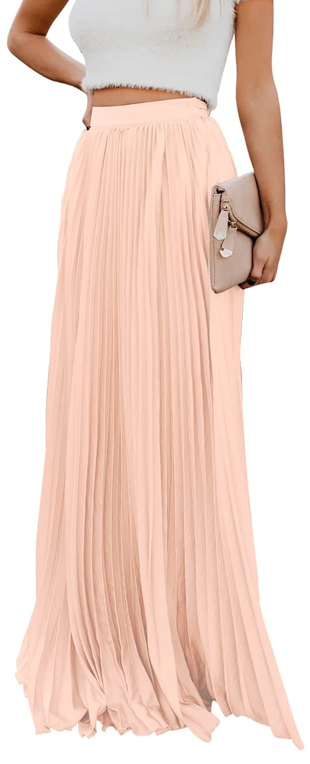 ebossy Womens High Waist Flowy Pleated Chiffon Maxi Skirt Large Light Pink