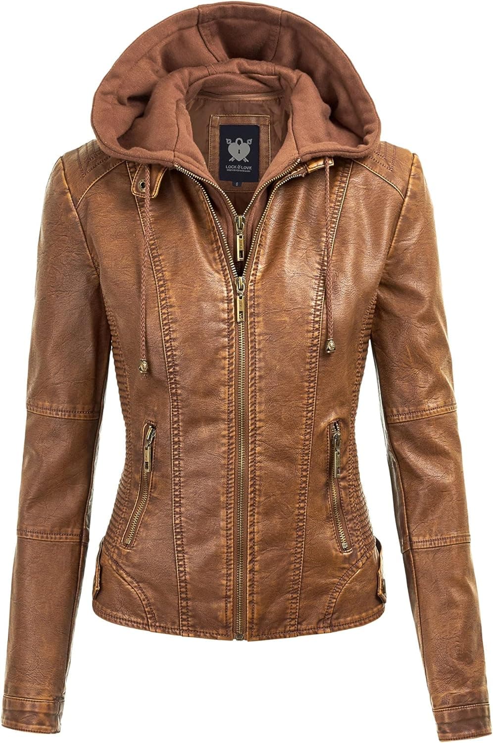 Lock and Love Women's Faux Leather Quilted Motorcycle Jacket with Detachable Hoodie - Camel