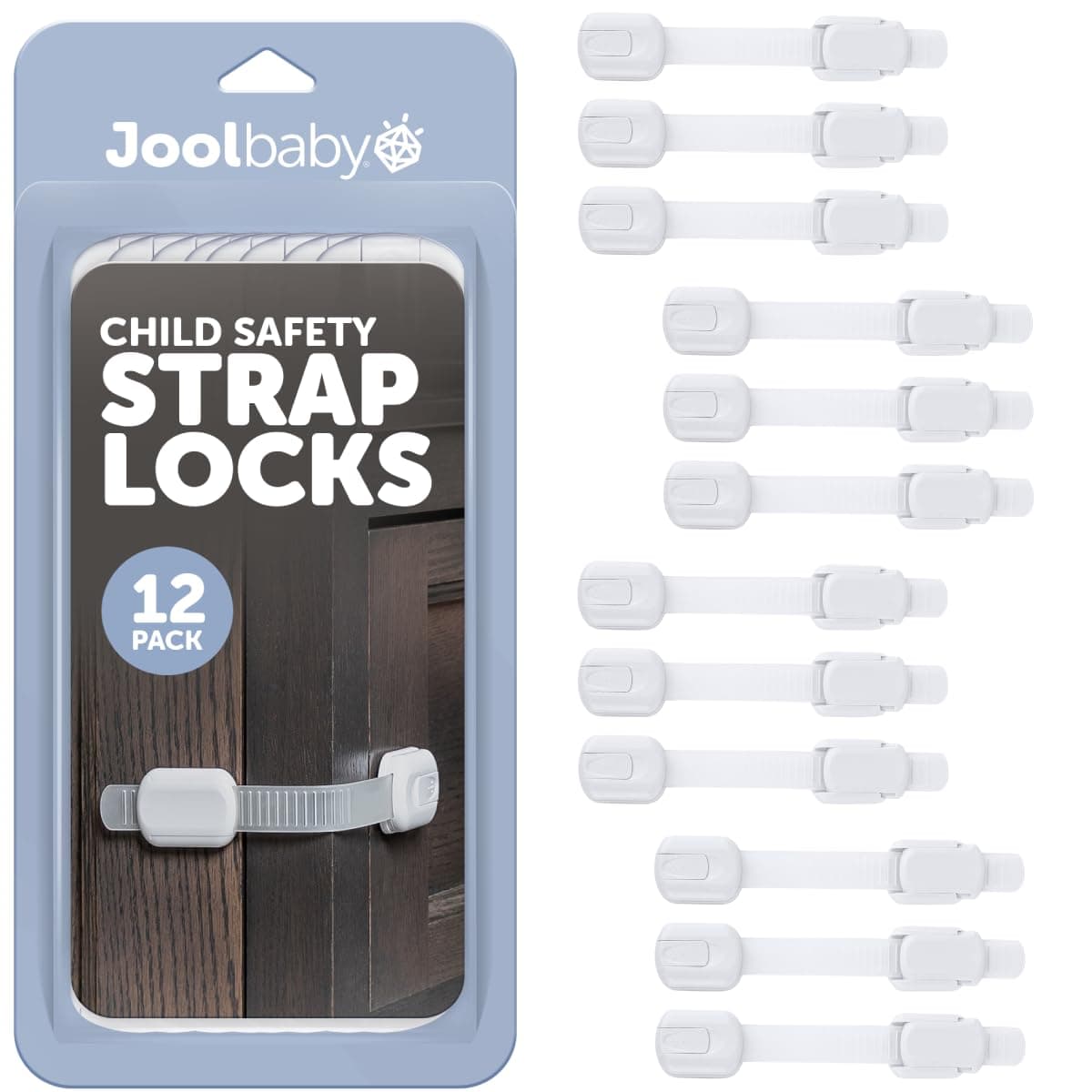 Child Safety Strap Locks 12 Pack Baby Proof Cabinets Drawers Fridge Toilet Trash Cans 3M Adhesive Childproof Locks Jool Baby