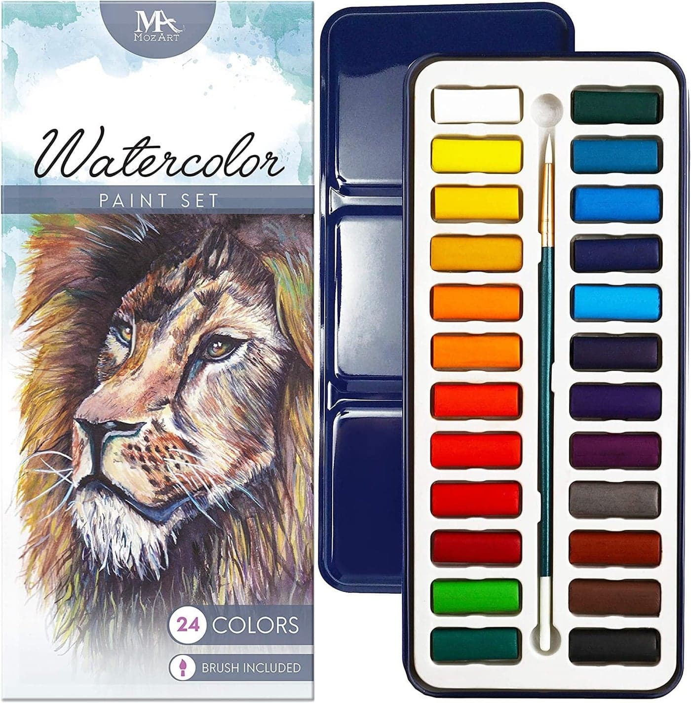 MozArt Supplies Watercolor Paint Essentials Set Lightweight and Portable Metal Box Lid Has 3 Partitions for Color Mixing EasytoBlend NonToxic Formulation 24 Vibrant Colors with Paintbrush