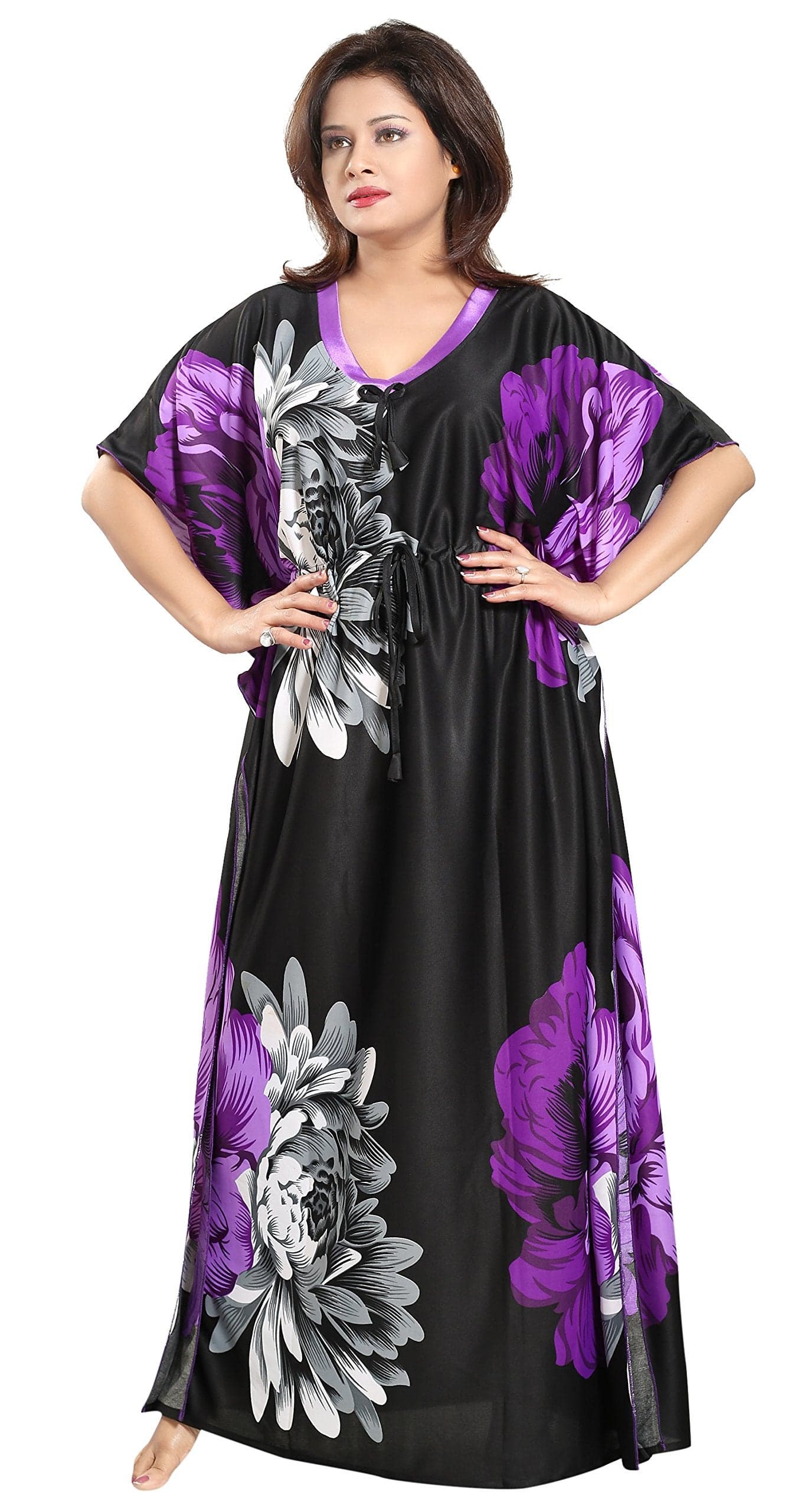 Noty Women's Kaftan Nighty | Serena Fabric | Floral Print Maxi | Short Sleeves | V-Shaped Neck (XXX-Large, Purple & Black)