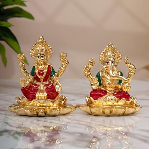 Idolkart 24k Gold Laxmi Ganesh Murti 3 Inch-Lakshmi Ganesh Idol for Home Temple and Home Decor | Ganesha Lakshmi Idol for Diwali Gift and House Warming Gifts | Ganesha Lakshmi Murti for Car Dashboard