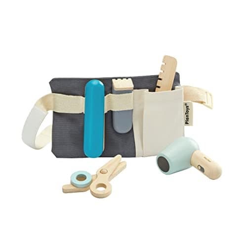 PlanToys® Wooden Hair Dresser Kit for Kids | Includes Scissors, Hair Dryer, Comb, Straightener, Clippers & Belt Bag | Pretend Salon Role Play Toy | Montessori Barber Play Kit for Kids