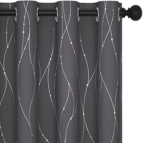 Deconovo Short Curtains Grey, Blackout Kitchen Curtain, Thermal Insulated Soundproof Drapes, Wave Dots Foil Print, 52 x 45 Inches, 2 Panels, Machine‑Washable Privacy Window Panel for Nursery Office
