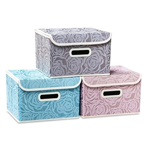 PRANDOM Collapsible Storage Boxes with Lids Fabric Decorative Storage Bins Cubes Organizer Containers Baskets with Cover Handles Divider for Bedroom Closet Living Room 9.8x7.9x6.7 Inch 3 Pack