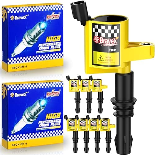 High Performance 8PCS Straight Boot Ignition Coils& Spark Plug SP546 15% More Energy Ford F150 F250 F350 for Ford Lincoln Mercury V8 V10 4.6l 5.4l 6.8l Compatible with DG511 C1541 FD508 (YELLOW)