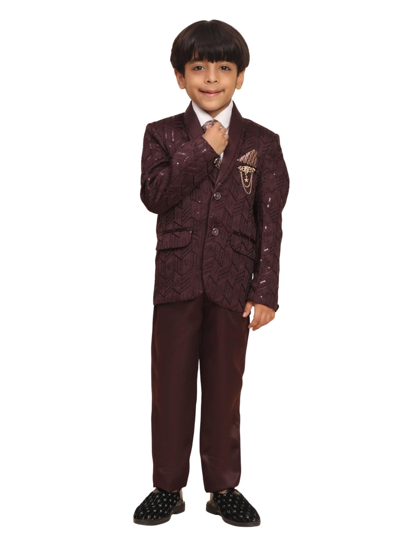 Pro-Ethic Style Developer 5 Piece Boys Embellished Suit Set for Kids Wedding Outfit | Set of Shirt, Regular Fit Pants, Coat, Waistcoat and Tie for Kids, Maroon, 18 Months - 24 Months