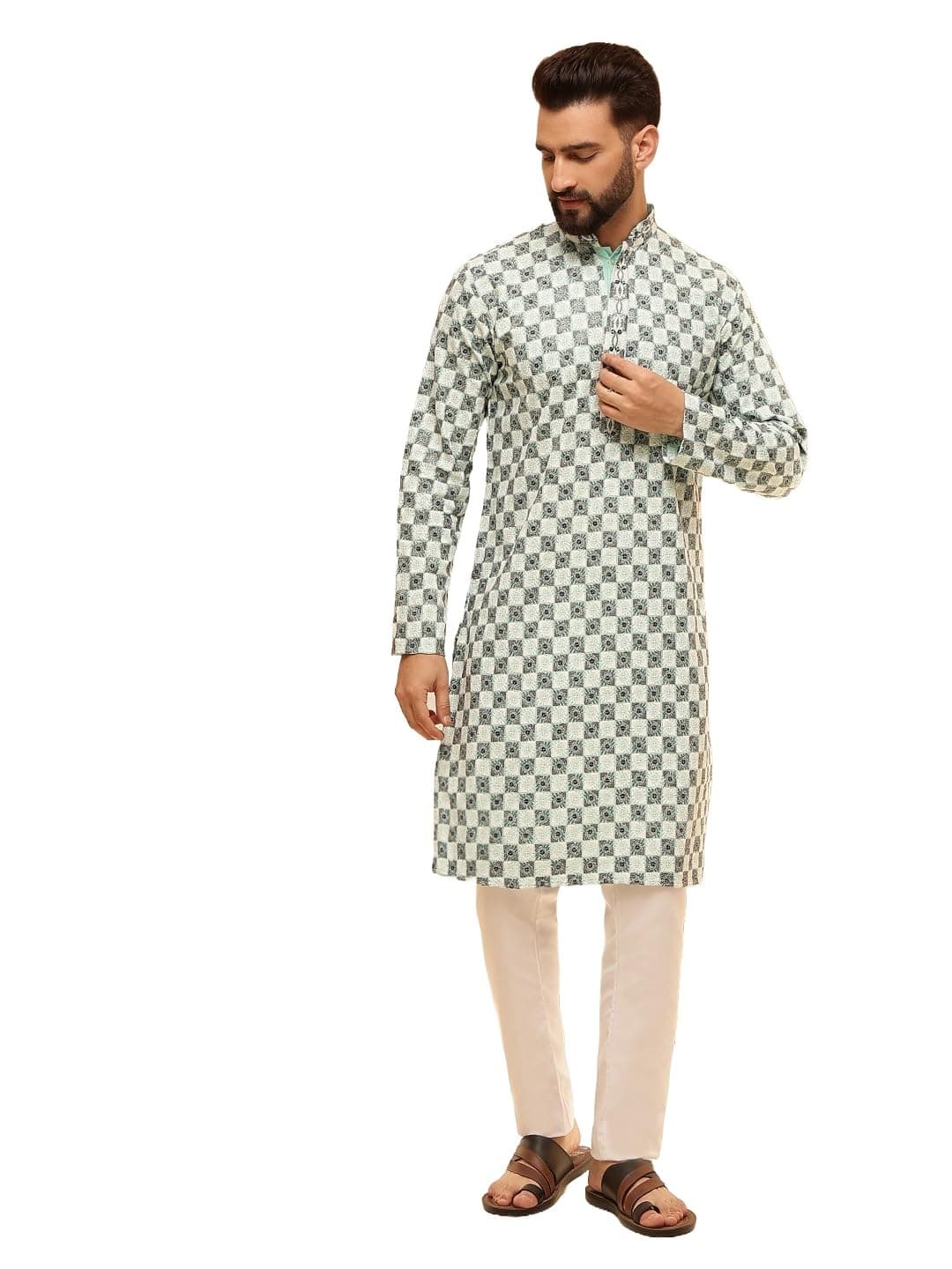SOJANYA (Since 1958 Men's Cotton Rayon Embroidered Sequinned Sea Green Kurta with White Pyjama