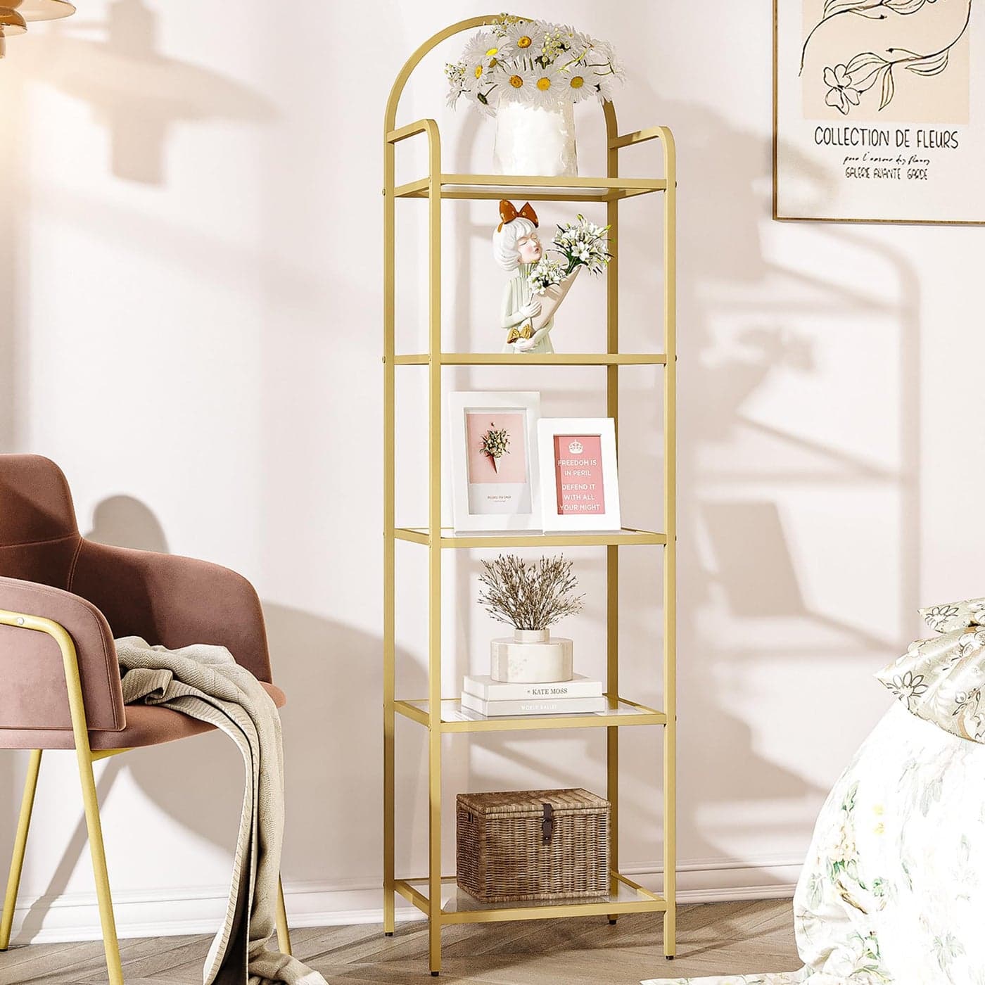 Hzuaneri Bookcase Bookshelf Tempered Glass Bookshelves Slim Shelving Unit for Bedroom Bathroom Home Office Steel Frame 5 Tier Gold BC05001G