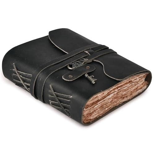 LEATHER VILLAGE Vintage Leather Journal – 200 Handmade Vintage Deckle Edge Paper – Leather bound Journal For Women Men – Vintage Key Closure - Book of Shadows - Black - 6X4 inches (A6)