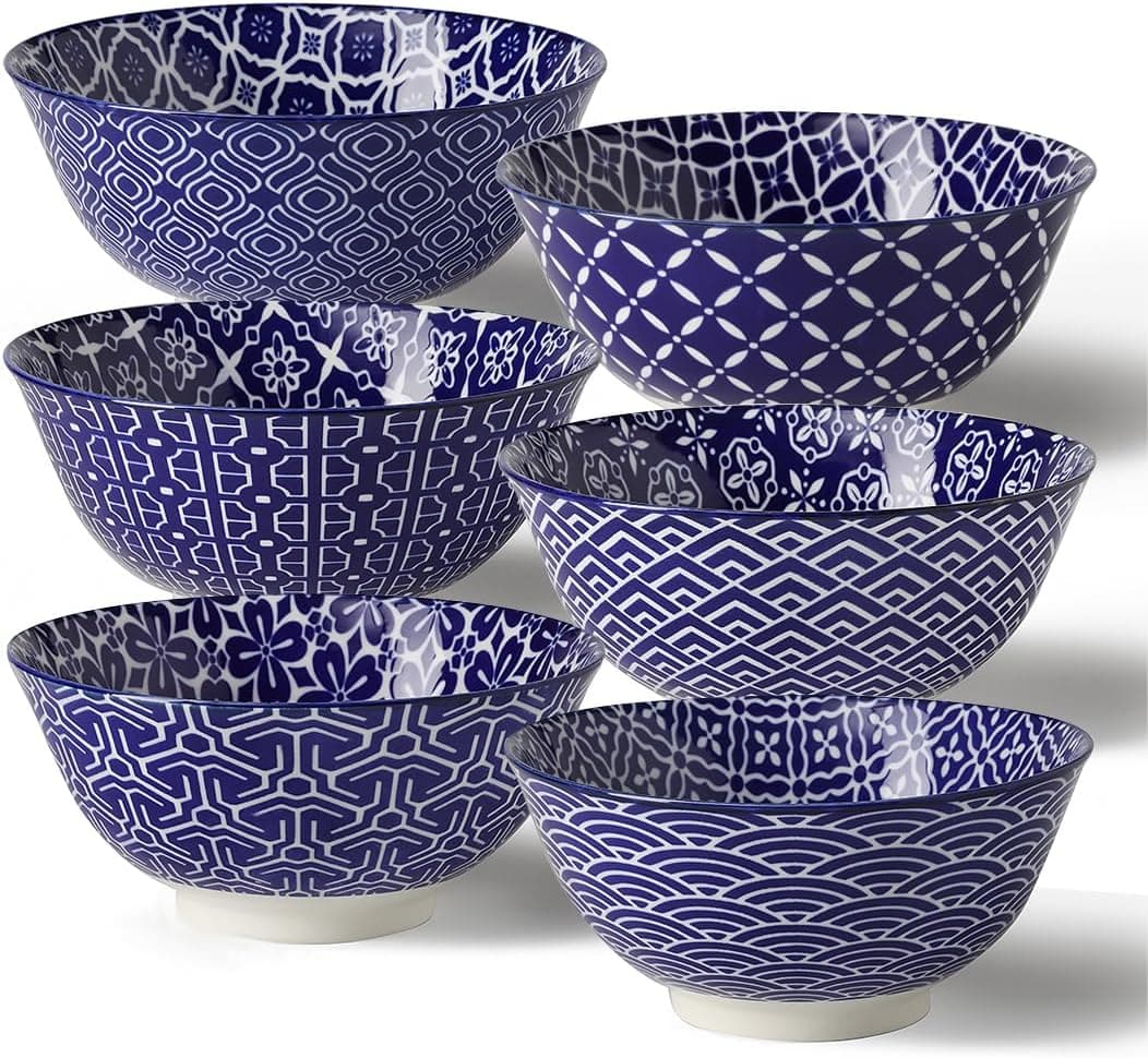 Ceramic Cereal Bowls 23 Oz Blue and White Bowls Porcelain Soup Bowl Set for Salad Dessert Pasta Ice CreamSet of 6