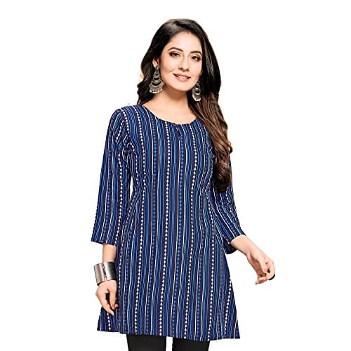 Shiv Textiles Rayon Fabric Printed Round Neck Short Kurtis for Women Top Dresses Kurti for Ladies & Girls Kurtis (Navy Blue_M)