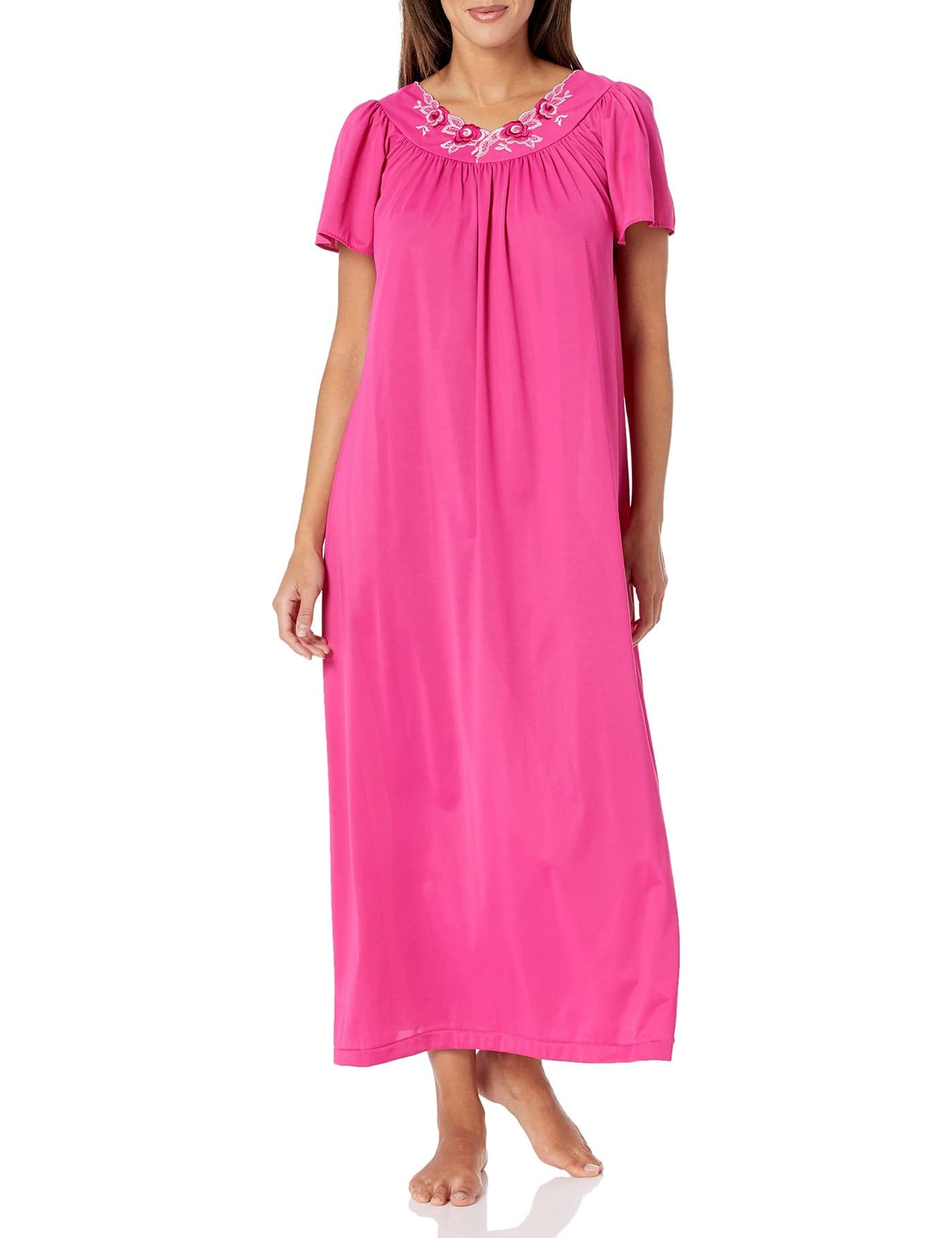 Shadowline Women's Petals 53 Inch Short Flutter Sleeve Long Gown, Raspberry, S