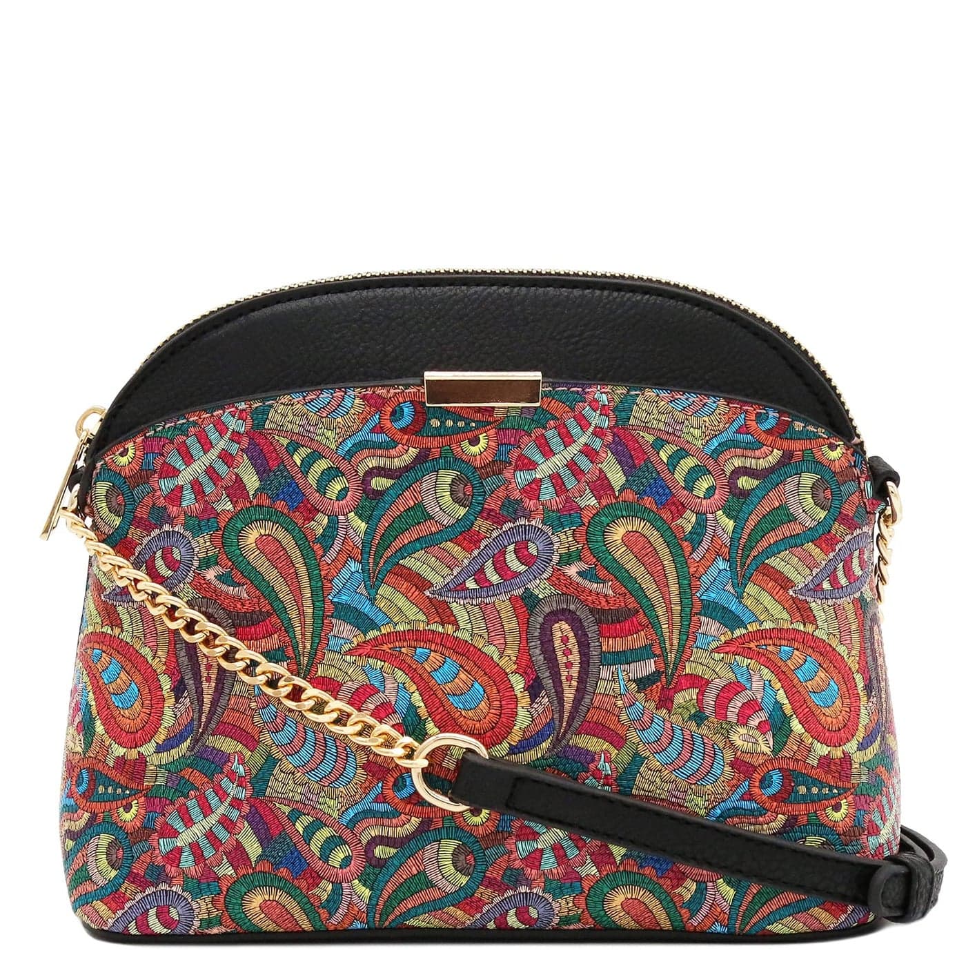 FashionPuzzle Paisley Print Small Dome Crossbody with Chain Strap BlackRed