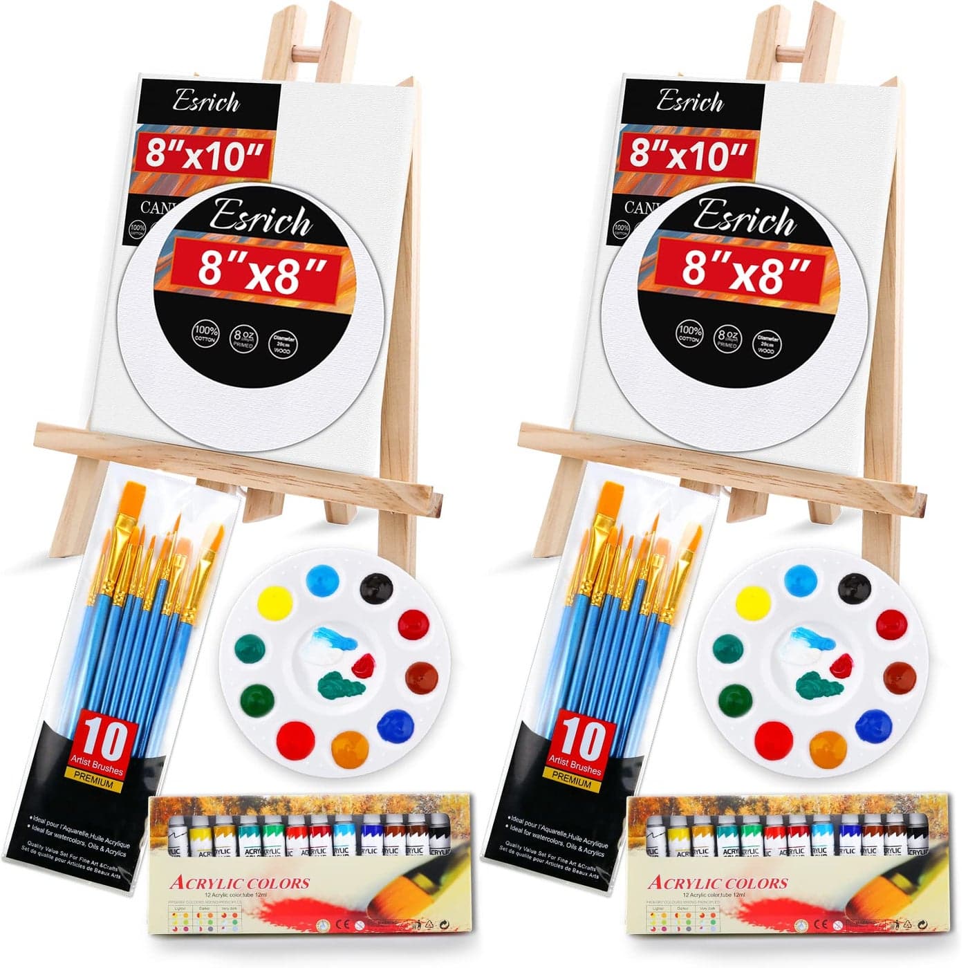 ESRICH Acrylic Paint Canvas Set52 Piece Professional Painting Supplies Kit with 2 Wood Easel2 12Colors2 10 BrushesCircular Canvas EtcPremium Paint Kit for KidsStudents Artists and Beginner
