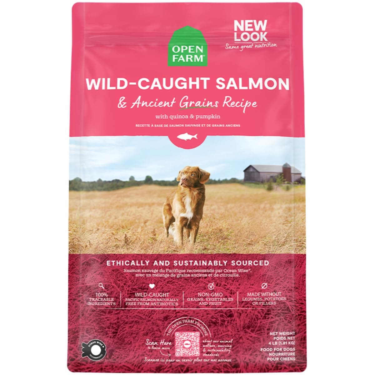 Open Farm, Ancient Grains Dry Dog Food, Protein-Rich & Nutrient Dense, 90% Animal Protein Mixed with Non-GMO Fruits, Veggies and Superfoods, Wild Caugh Salmon Recipe, 4lb Bag