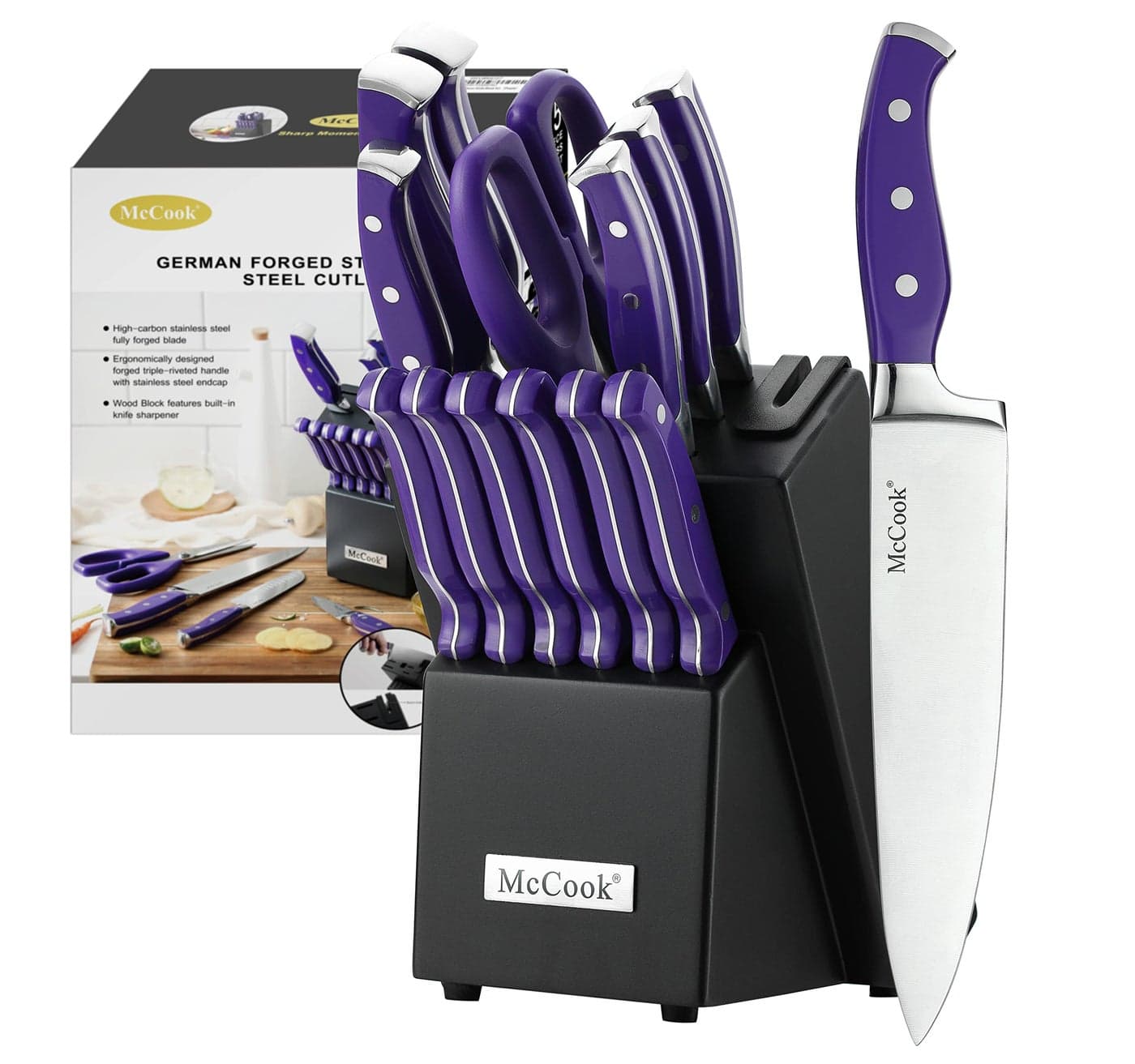 McCook MC27 14 Pieces Stainless Steel kitchen knife set with Wooden Block Kitchen Scissors and Builtin Sharpener Purple