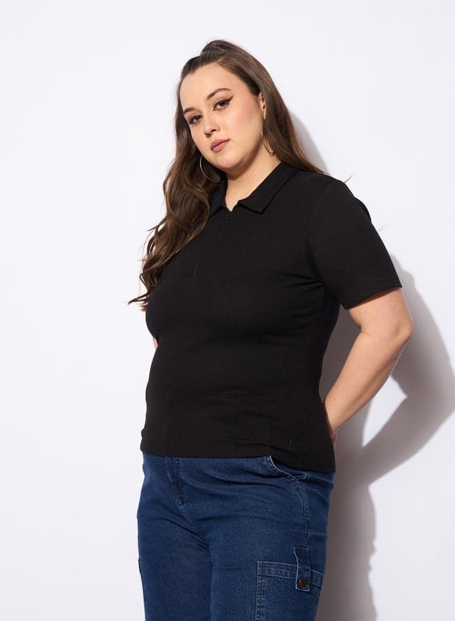 Plus Size Rib Front Zipper Polo Neck Top — 5XL