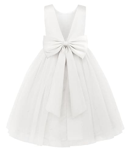 JerrisApparel Flower Girls Dress Wedding Satin Dresses Princess Birthday Party Prom Ball Gown (7T, White)