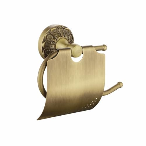 Lucyound Antique Brass Toilet Paper Holder with Cover Wall Mounted Toilet Tissue Holder Compatible Mega Rolls Vintage Gold Decorative Bathroom Accessories Brass PetalRelief Series