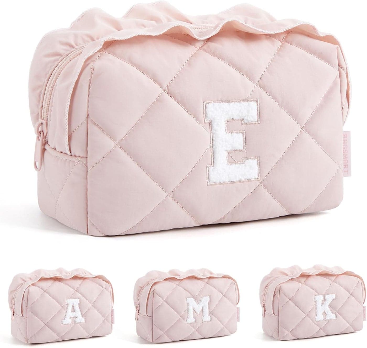 BAGSMART Small Makeup Bag, Travel Personalized Initial Cosmetic Bags for Women, Pink Makeup Pouch, Make up Organizer Case, Puffy Pouch Purse, Travel Essentials, Toiletries Accessories Brushes(E, Pink)