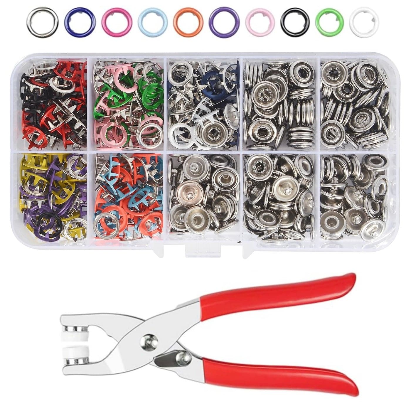 Snap Button Kit 100set 95mm Snap Fasteners Kit with Pliers Metal Snaps Kit with Tool Five Claw Buckle Tool Set 10 Colors Hollow 100set