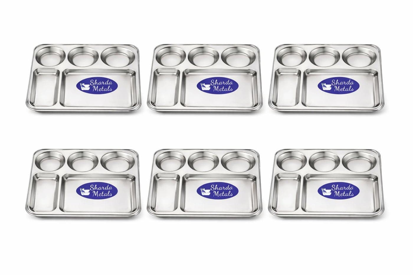 Sharda Metals Stainless Steel Rectangular Compartment Thali Plates | 5 in 1 Divided Partition Bhojan Mess Tray | Durable Lunch and Dinner Serving Plates for Indian Kitchen | 13 x 10 Inches - Set of 6