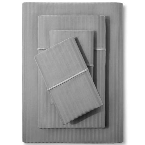 Feather & Stitch 500 TC Split King Size Sheet Set, 5 Piece Bed Sheets Set-2 Twin Fitted Sheet, 1 King Flat Sheet & 2 King Pillowcases, 18" Deep Pockets Sateen Weave Striped Bedsheet - (Grey Stripe)