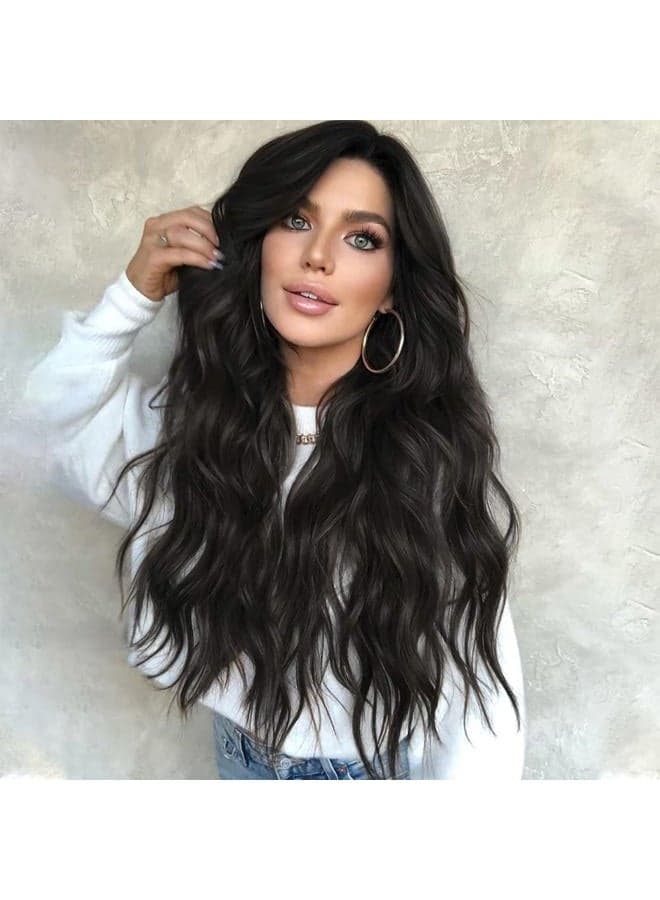 Long Black Wigs for Women Middle Part Curly Wavy Black Wig Natural Looking Synthetic Heat Resistant Fiber Wigs Hair Replacement Wigs for Daily Party Use Wig
