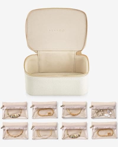 VLANDO Jewelry Travel CaseTravel Jewelry Organizer with Clear Velvet Jewelry Bags Zipper Pouch for Women Girl Gift 8Pcs White