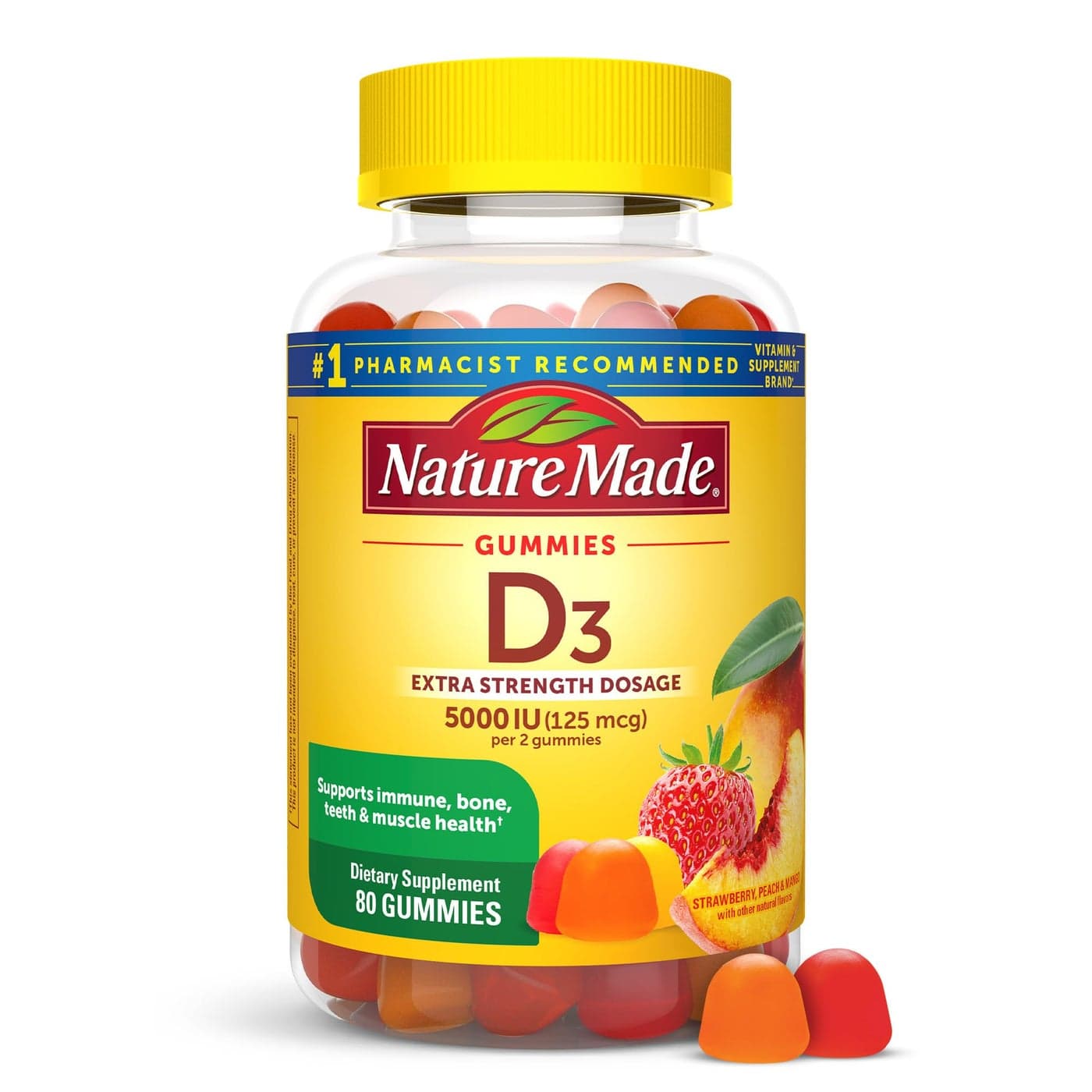 Nature Made Extra Strength Vitamin D3 5000 IU 125 mcg per serving Dietary Supplement for Bone Teeth Muscle and Immune Health Support 80 Gummies 40 Day Supply