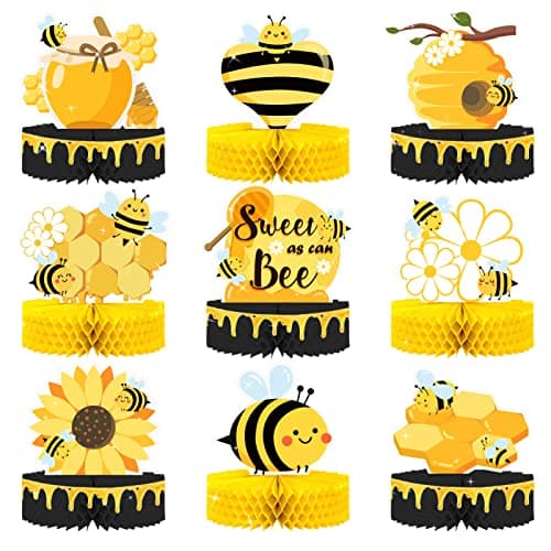 Nicrolandee 9Piece Bumble Honeycomb Centerpieces Table Decorations for Birthday Party Baby Shower Gender Reveal Party Supplies