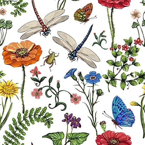 VaryPaper 17.7"x78.7" Bright Floral Wallpaper Stick and Peel Boho Moss Leaf Wallpaper Dragonfly Butterfly Wildflower Wall Paper Roll Removable Waterproof Floral Contact Paper for Bathroom Bedroom Wall