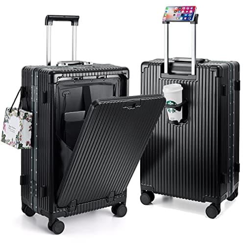 MRPLUM Front Pocket Carry On Luggage,PC Hardside Spinner Wheel Suitcase with TSA Lock,Cup Holder,Phone Holder&USB Charging Port,Black(1 Piece)