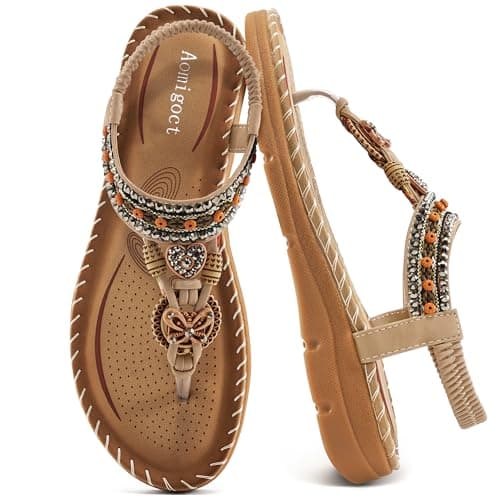 Aomigoct Sandals Women Flat Shoes: Dressy Summer Bohemian Flats Shoes for Women Sandals Comfortable Ankle Strap Outdoor Walking