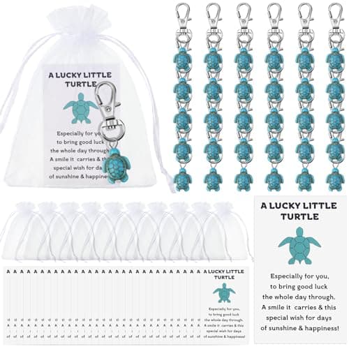 Landical 30 Sets Travel Turtle Keychain Bulk Good Luck Small Sea Turtle Keychain Positive Inspirational Charm Gifts with Organza Bag Blue