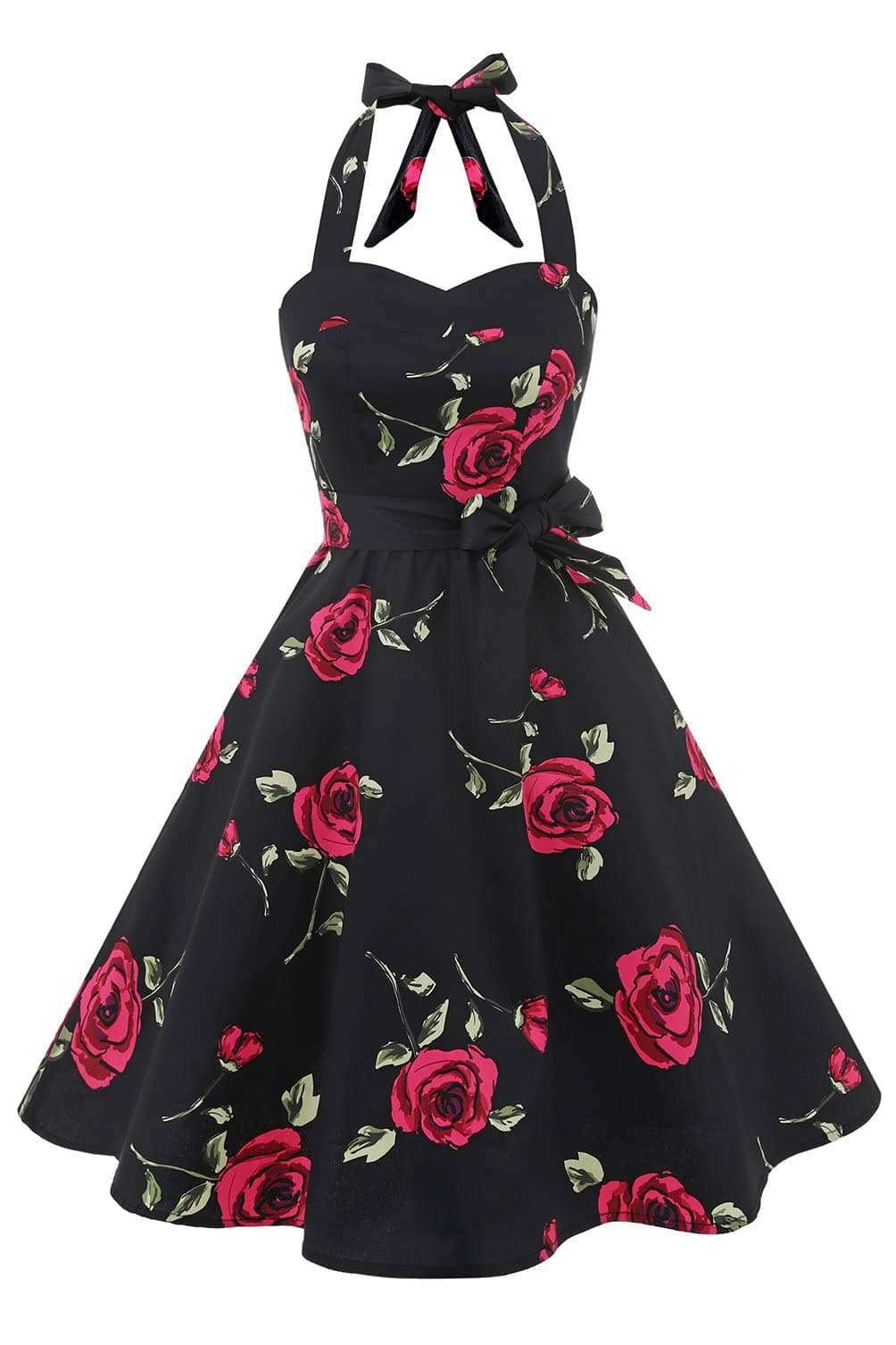 Topdress Women's Vintage Polka Audrey Dress 1950s Halter Retro Cocktail Dress Black/Fuchisa Rose M