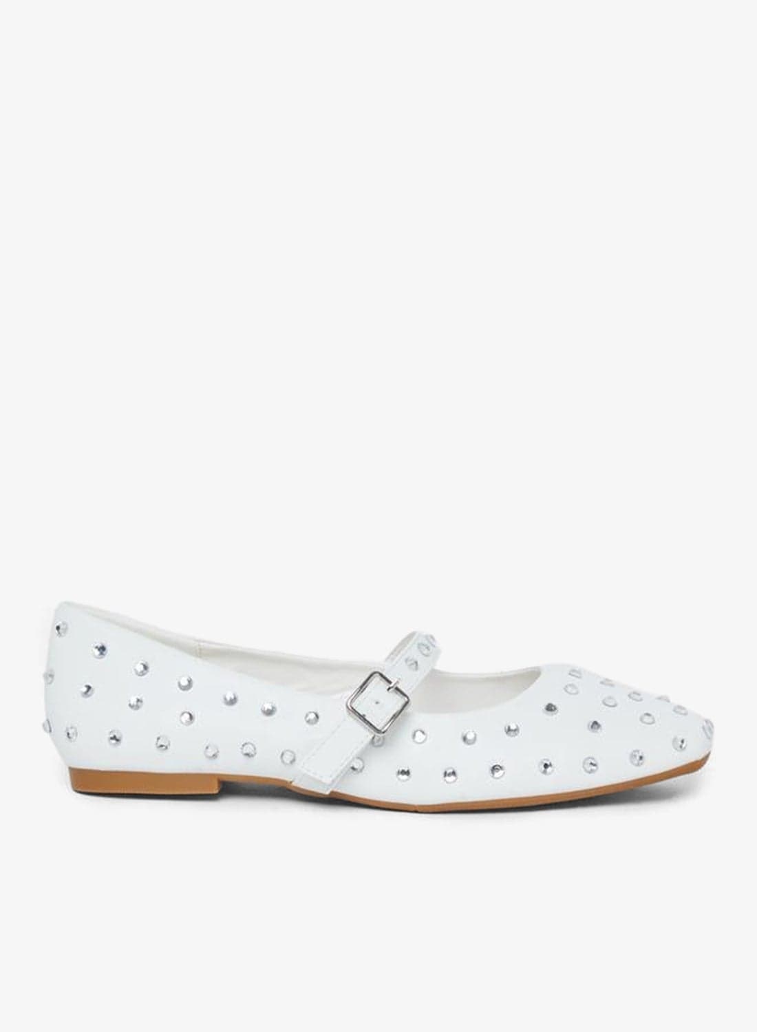 Styli White Embellished Buckle Ballerina Shoes