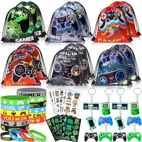 Winrayk 12 Sets Video Game Party Favors Gamer Birthday Supplies Gaming Drawstring Bag Silicone Wristband Glow In The Dark Tattoos Keychain Kid Game On Goodie Bag Stuffers Gamer Party favors Supplies