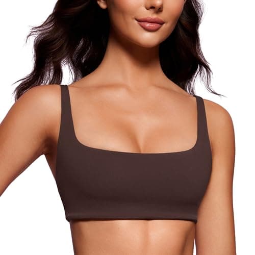 CRZ YOGA Butterluxe Square Neck Sports Bras for Women - Spaghetti Strap Yoga Wireless Low Coverage Padded Cami Crop Top Hot Fudge Brown Medium