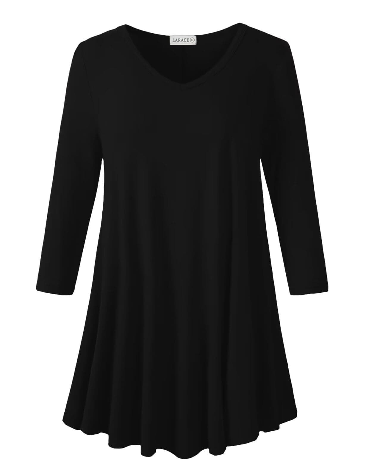 LARACE 34 Sleeve Tops Plus Size Tunics V Neck Solid Shirts Flowy Women Clothing for LeggingsBlack L
