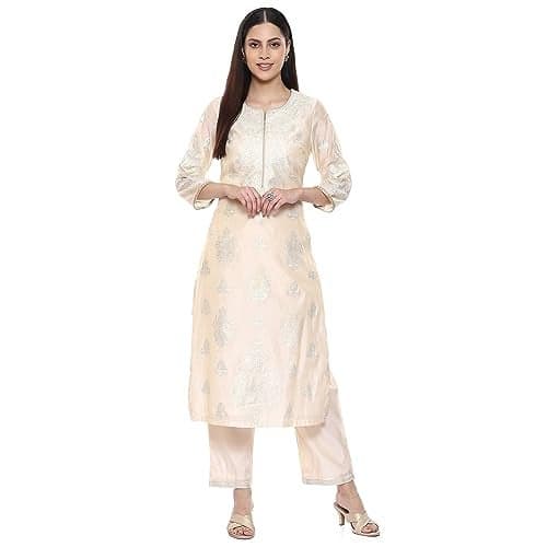 BIBA Women Polyester PRINTED STRAIGHT MIX AND MATCH Suit Set(FESTIVE 2208_OFF WHITE_42)