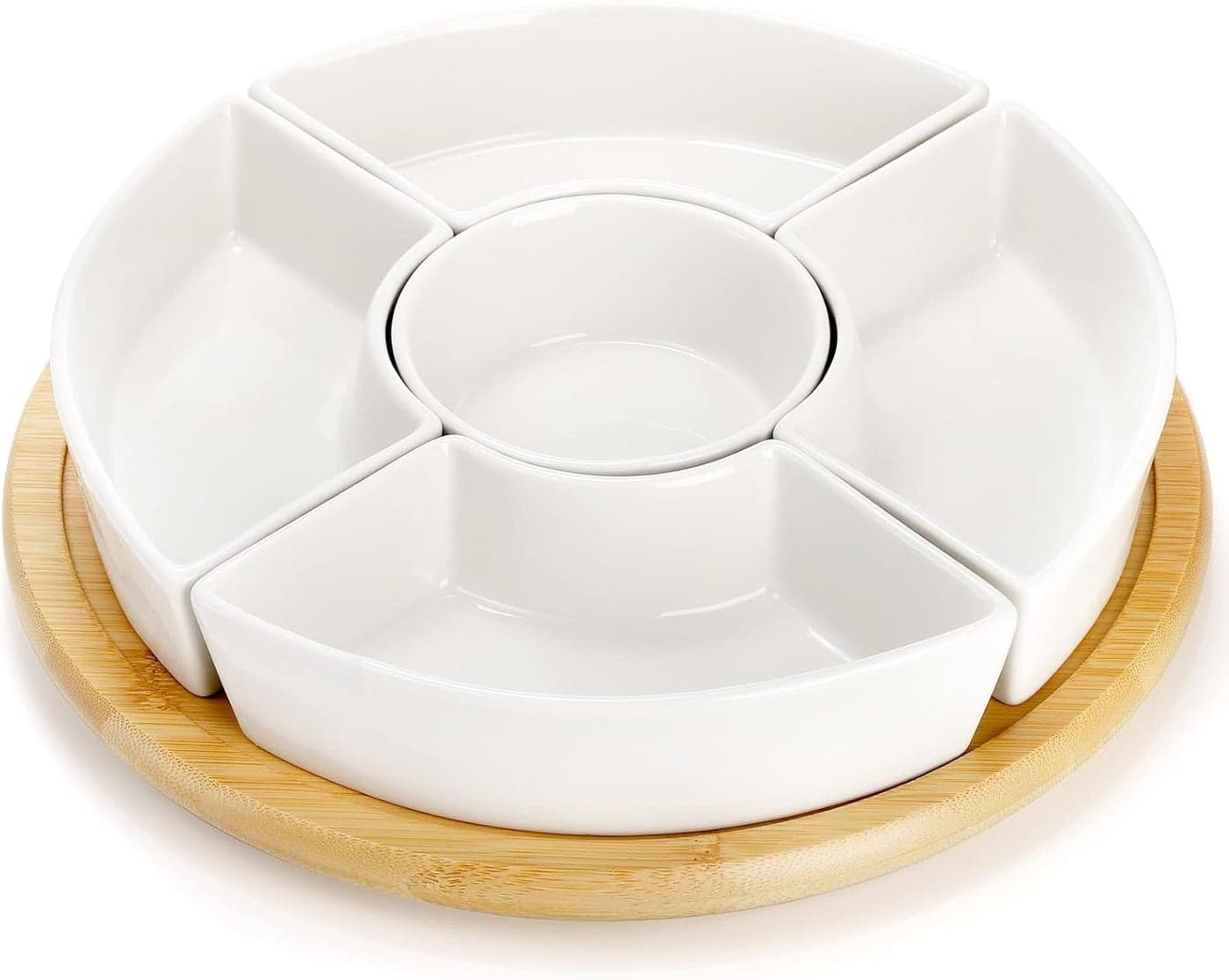 Lyellfe Divided Serving Dish Lazy Susan 360 Rotatable Porcelain Appetizer Snack Tray Platter for Fruit Veggies Candy Relish Tray for Christmas Thanksgiving Party 5 Removable Compartment White