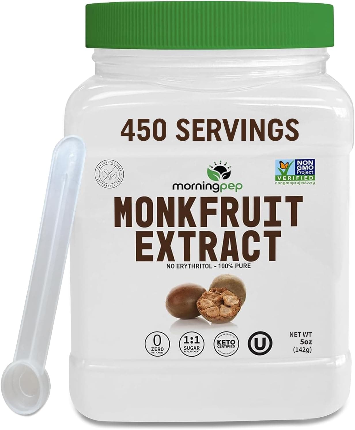 Morning Pep 100% Pure Monk Fruit Extract Sweetener - Zero Calorie, Non-GMO, Keto Certified, 450 Servings