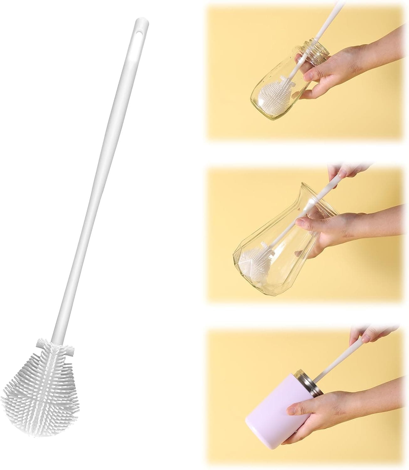 360 Silicone Bottle Brush Soft Bristle Cup Cleaner Brush Long Handle Flexible Water Bottle Cleaning Brush for Lid Teapots Bowls Containers Narrow Area White