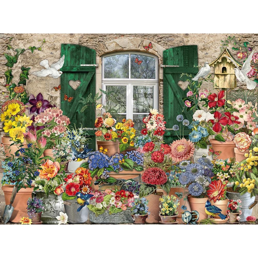 Bits and Pieces – 1000 Piece Jigsaw Puzzle for Adults – Flowers Outside - Collage Flower Window Bird House Spring Butterfly Cottage Jigsaw Puzzle by Artist Barbara Behr
