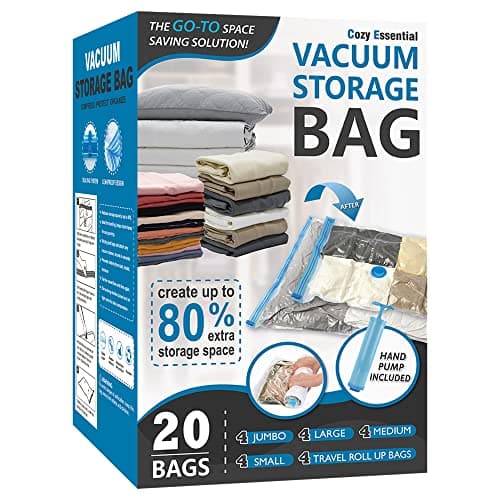20 Pack Vacuum Storage Bags, Space Saver Bags (4 Jumbo/4 Large/4 Medium/4 Small/4 Roll) Vacuum Storage Bags for Comforters and Blankets, Vacuum Sealer Bags for Clothes Storage, Hand Pump Included